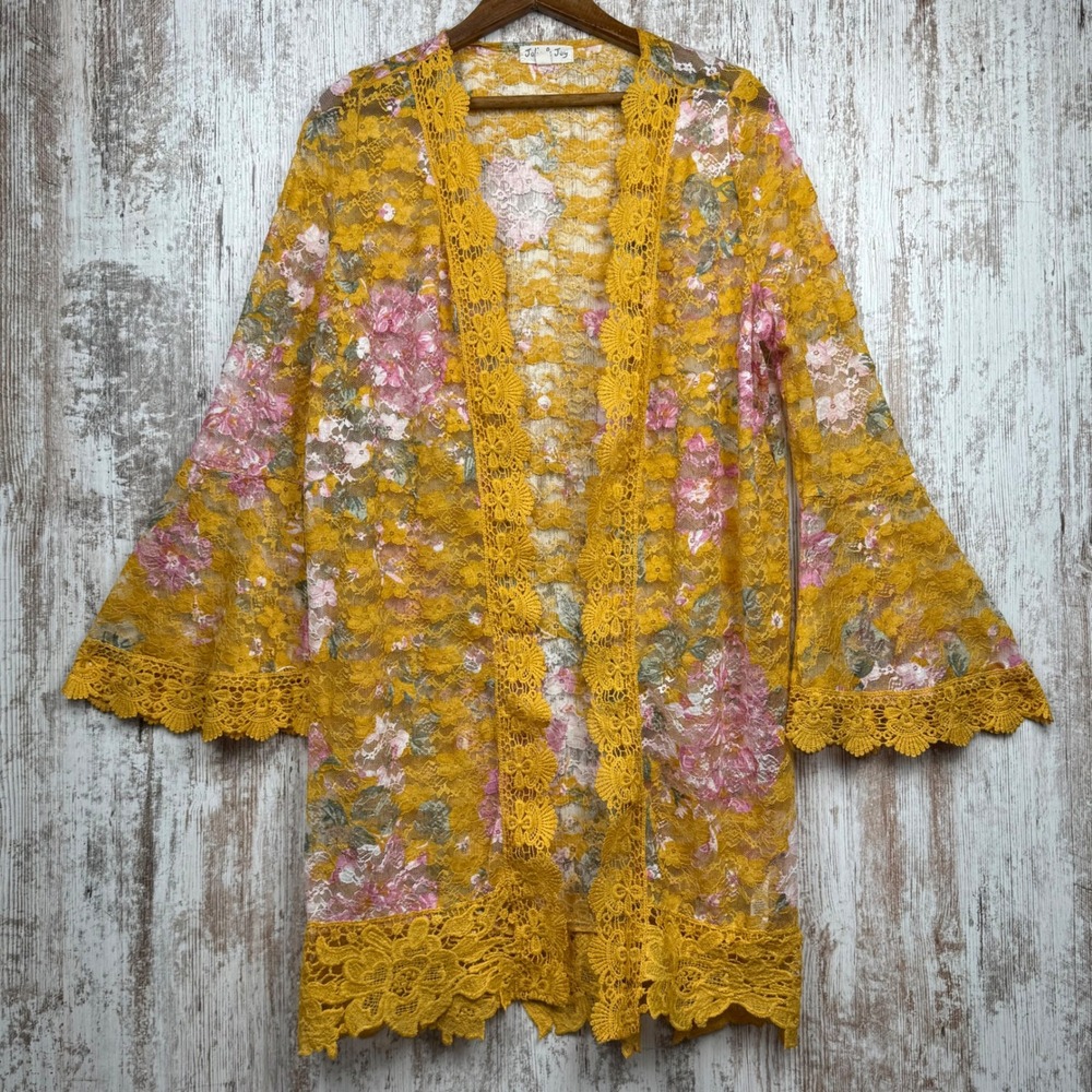 Jolie & Joy‎ Floral Lace Kimono Cardigan Yellow Pink Bell Sleeve Large Feminine